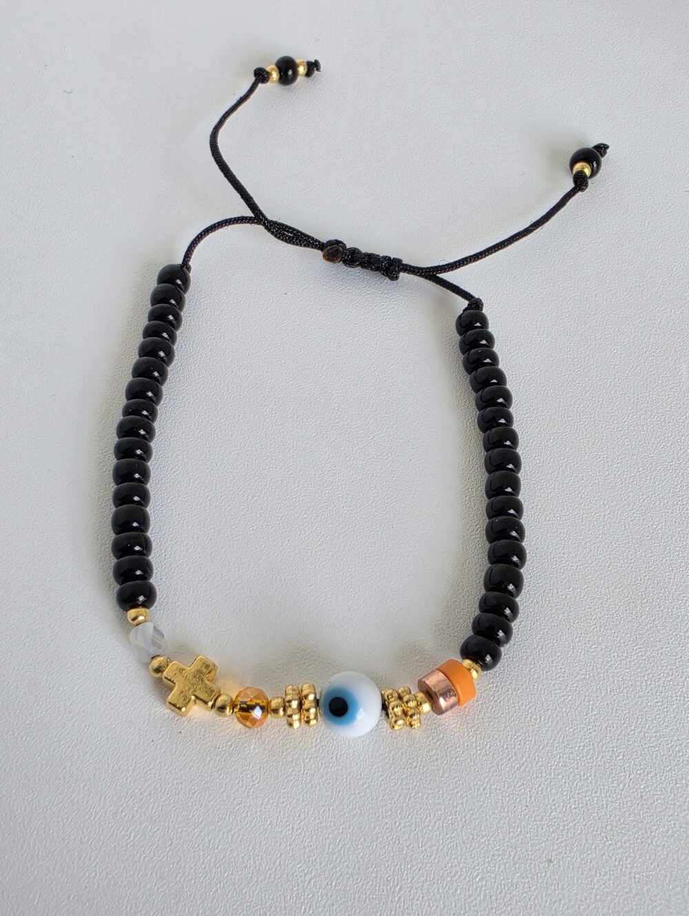 Handmade Evil Eye Cross Adjustable Beaded Bracelet Black Gold Protection